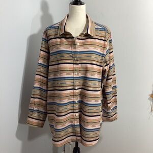 LANDS END WOMAN PLUS 20W FLANNEL BUTTON FRONT SHIRT BEIGE BLUE WESTERN AZTEC